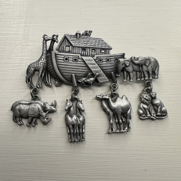 Vintage Noah's Ark by JJ Jonette Jewelry Co.  Animals Pewter Brooch Pin - Picture 1 of 7